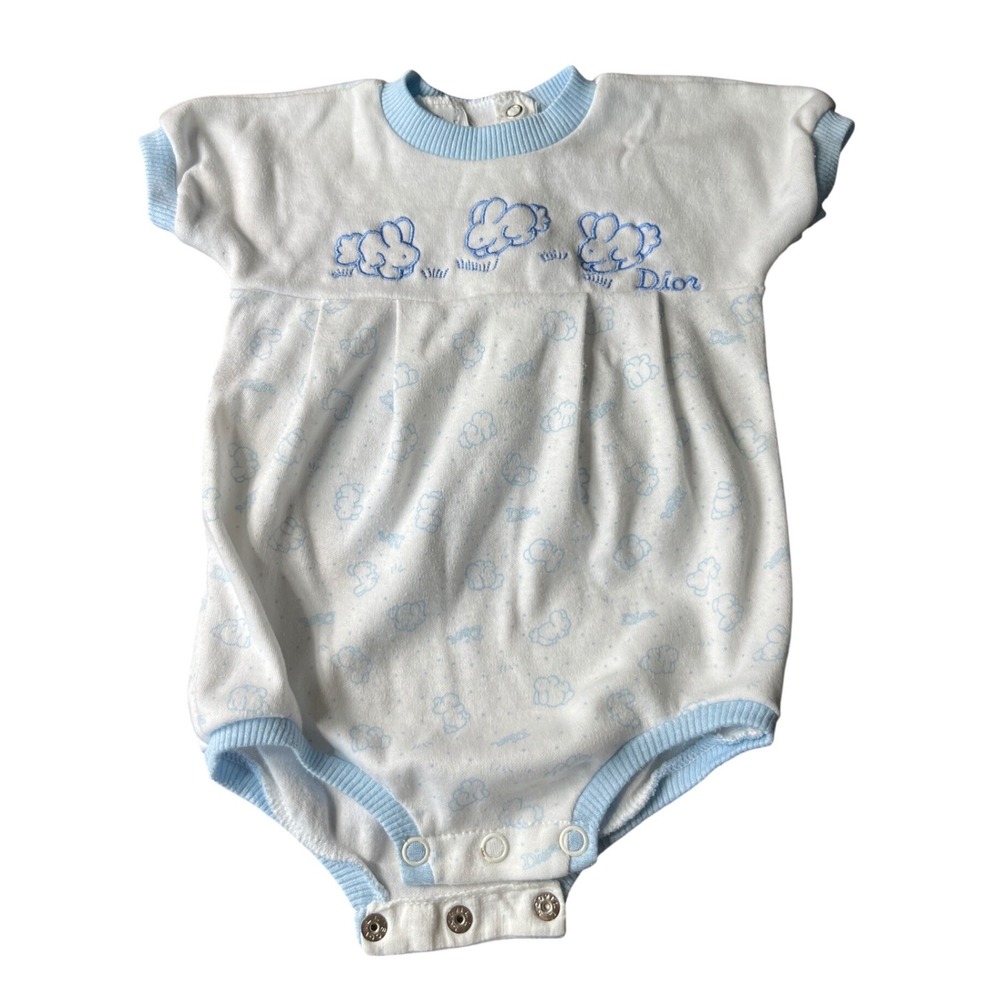 Vintage BABY DIOR (Christian) ROMPER White/Blue Embroidered Bunnies 0-3 Months